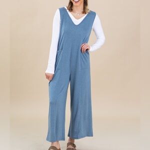 EUC🩶Zenana French Terry Deep V-Neck Jumpsuit Small Oversized Dusty Blue